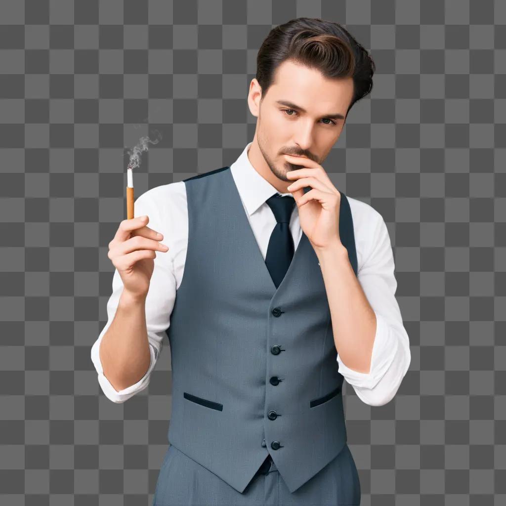 Man holding cigarette, with vest and tie