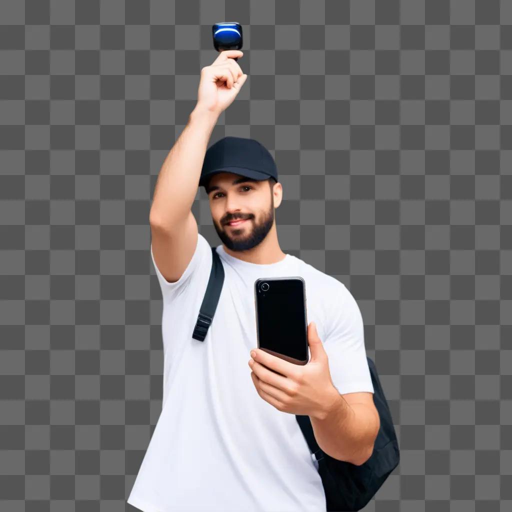 Man holding phone in hand, with sunglasses on head