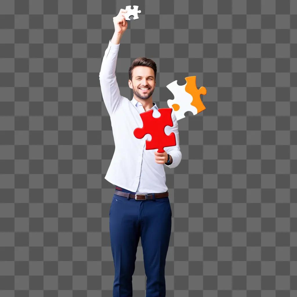 Man holding puzzle pieces and smiling, smiling, smiling