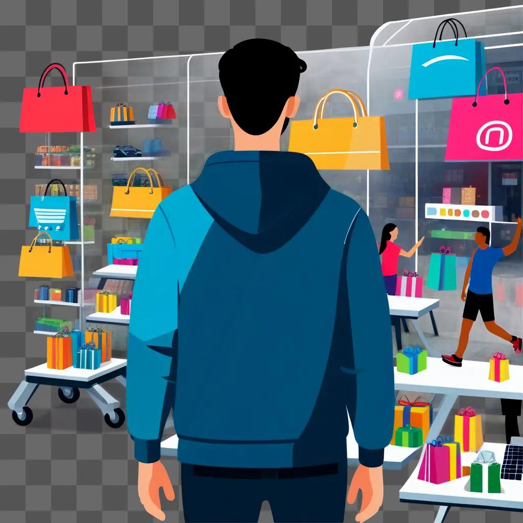 Man in a blue jacket looking at shopping online items