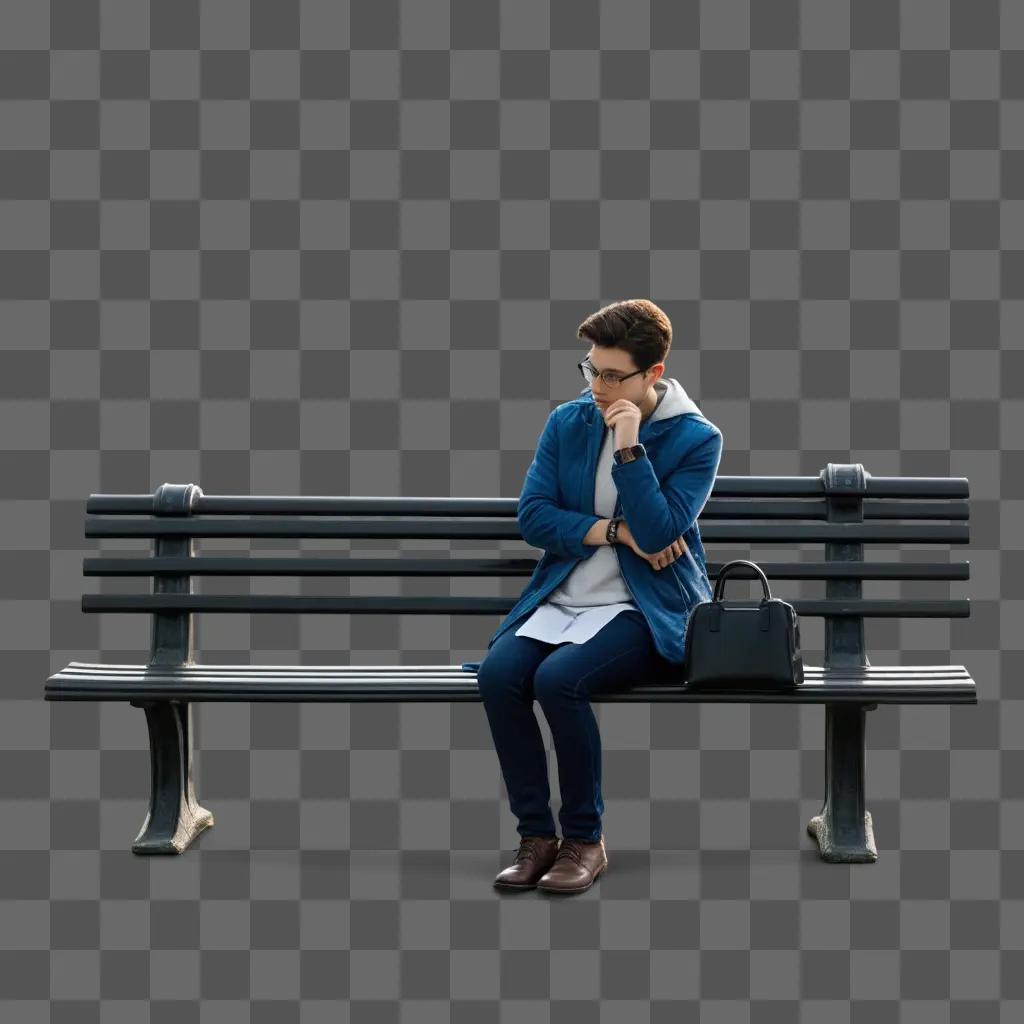 Man in a blue jacket waiting on a bench