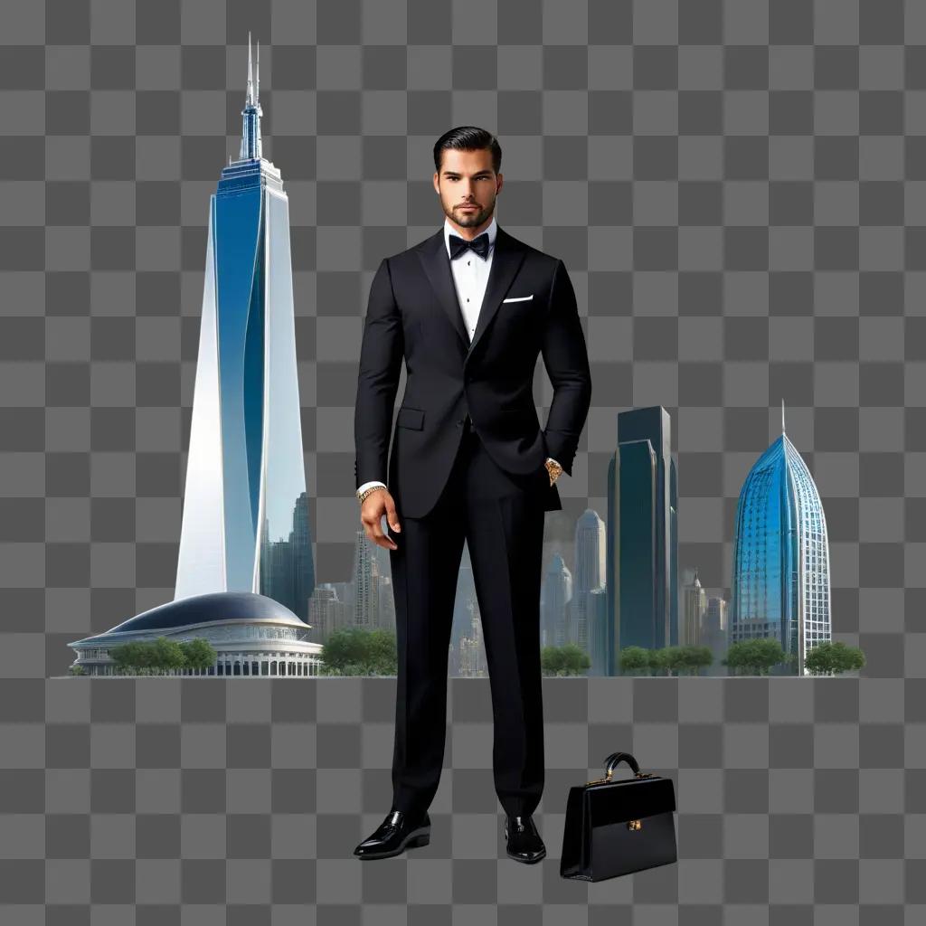 Man in a suit stands in front of a skyscraper