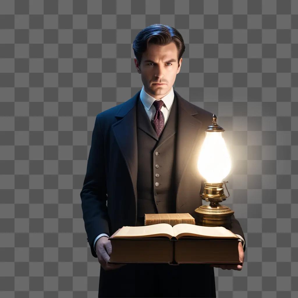 Man in a suit with a lit lamp and open book