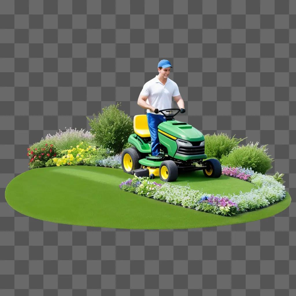 Man in a white shirt and blue hat mows a green lawn