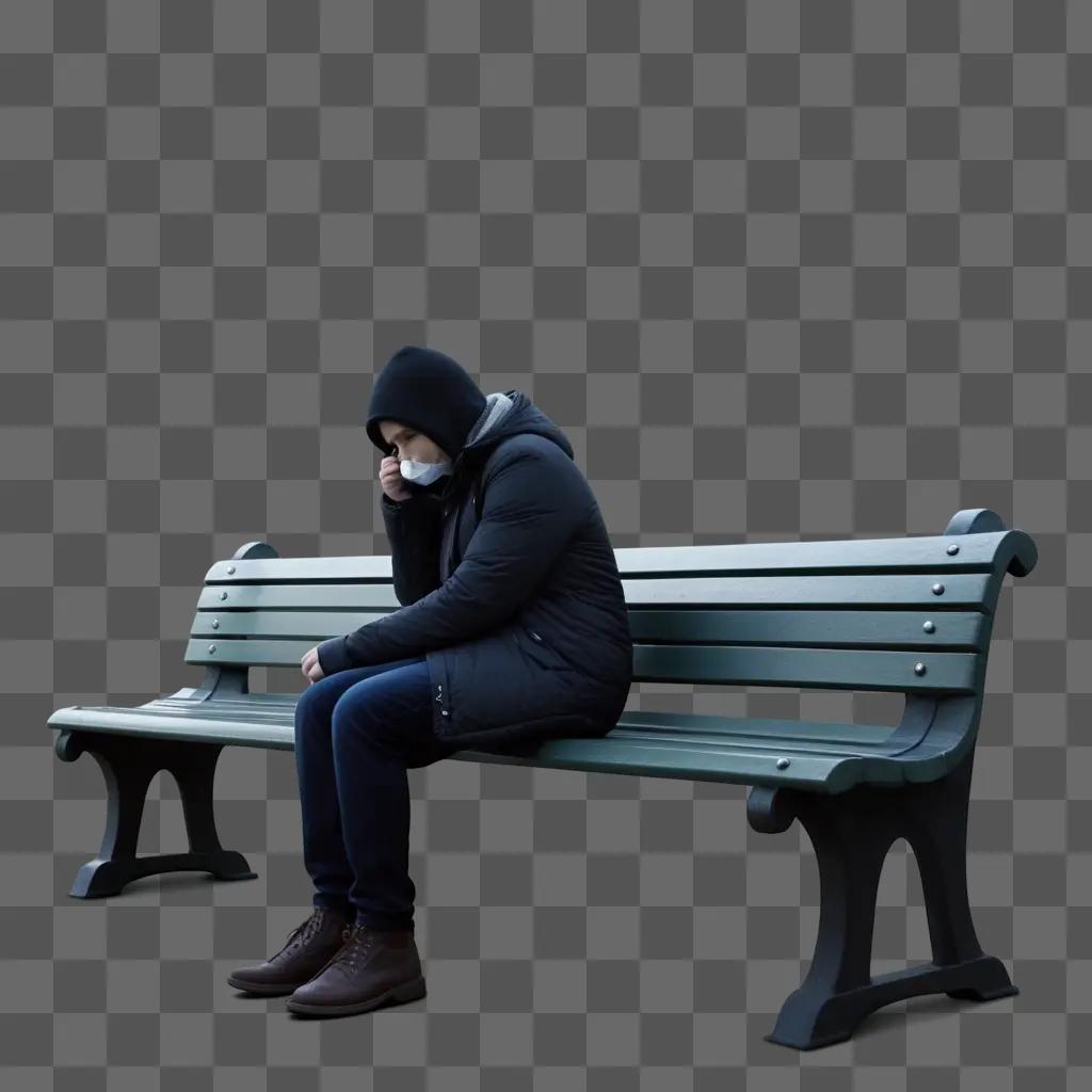 Man in black coat sitting on bench with gloomy surroundings