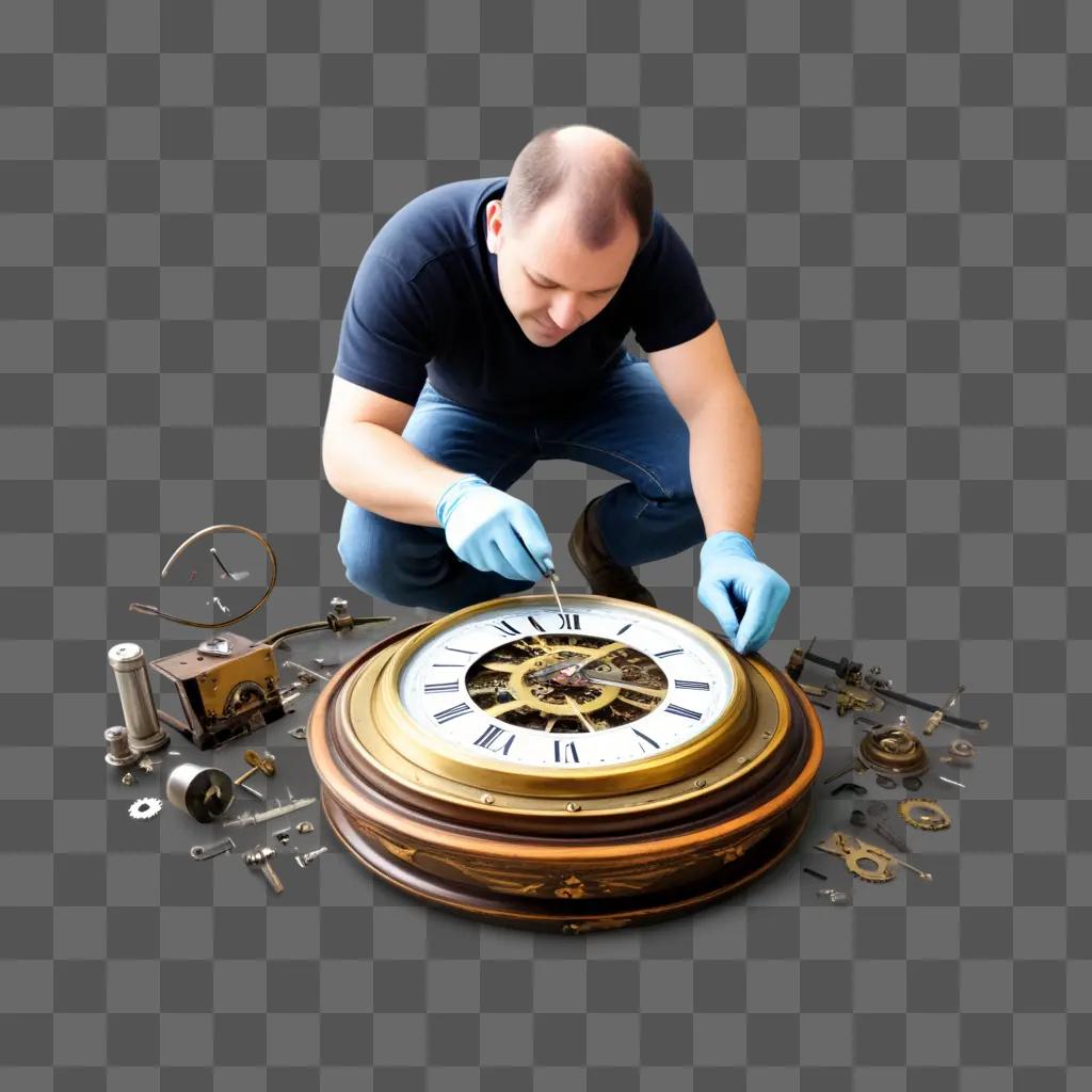 Man in blue gloves fixing a clock face