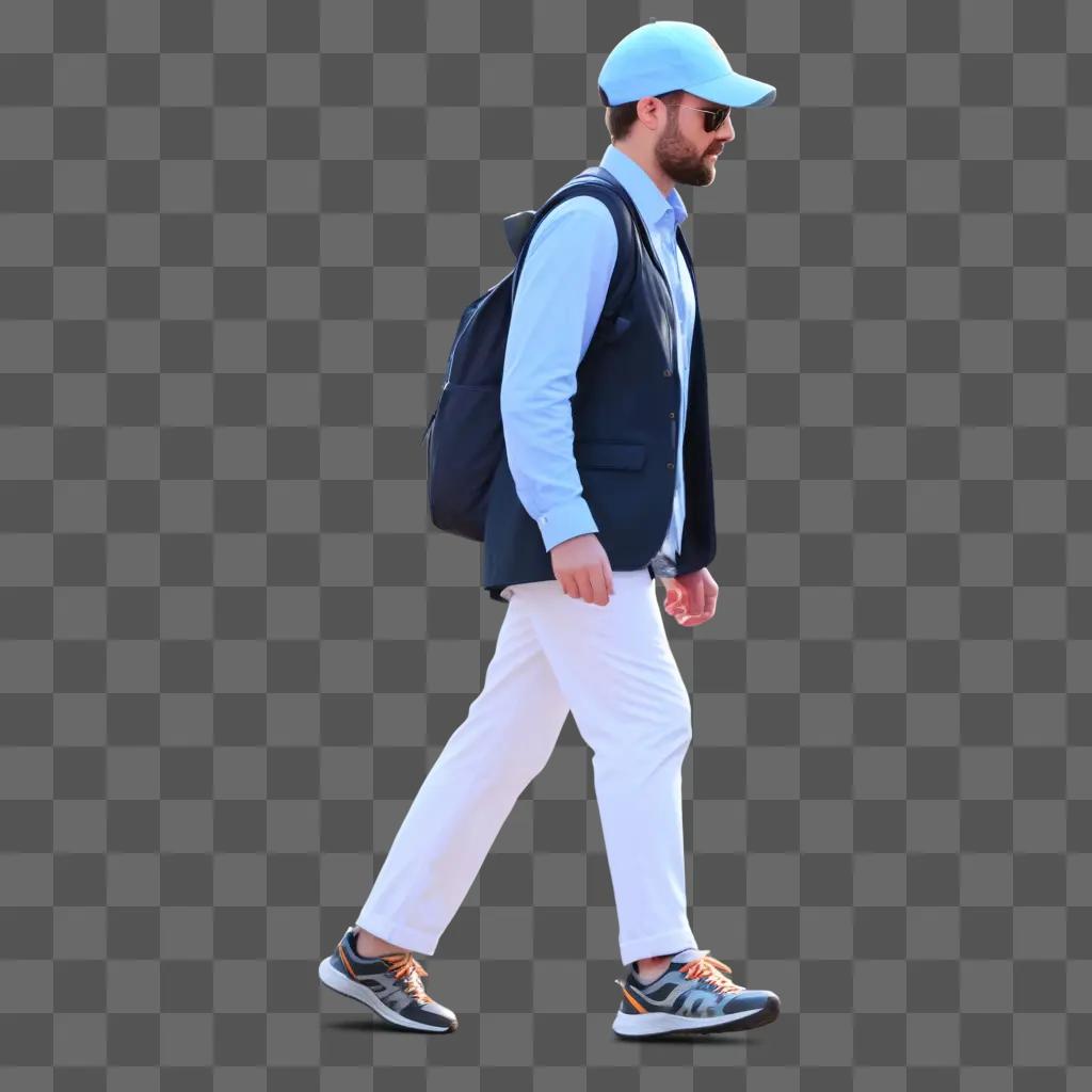 Man in blue jacket and pants walking