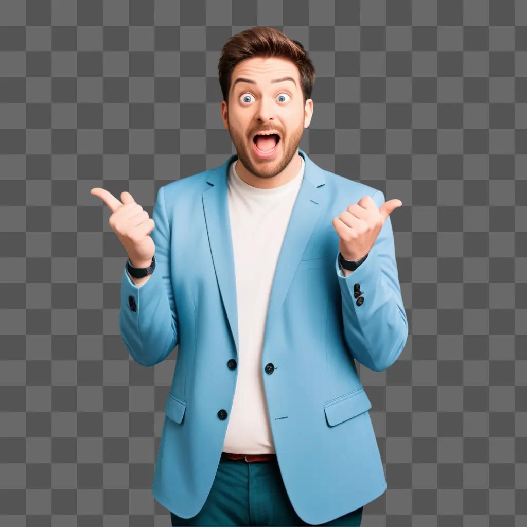 Man in blue jacket making funny face