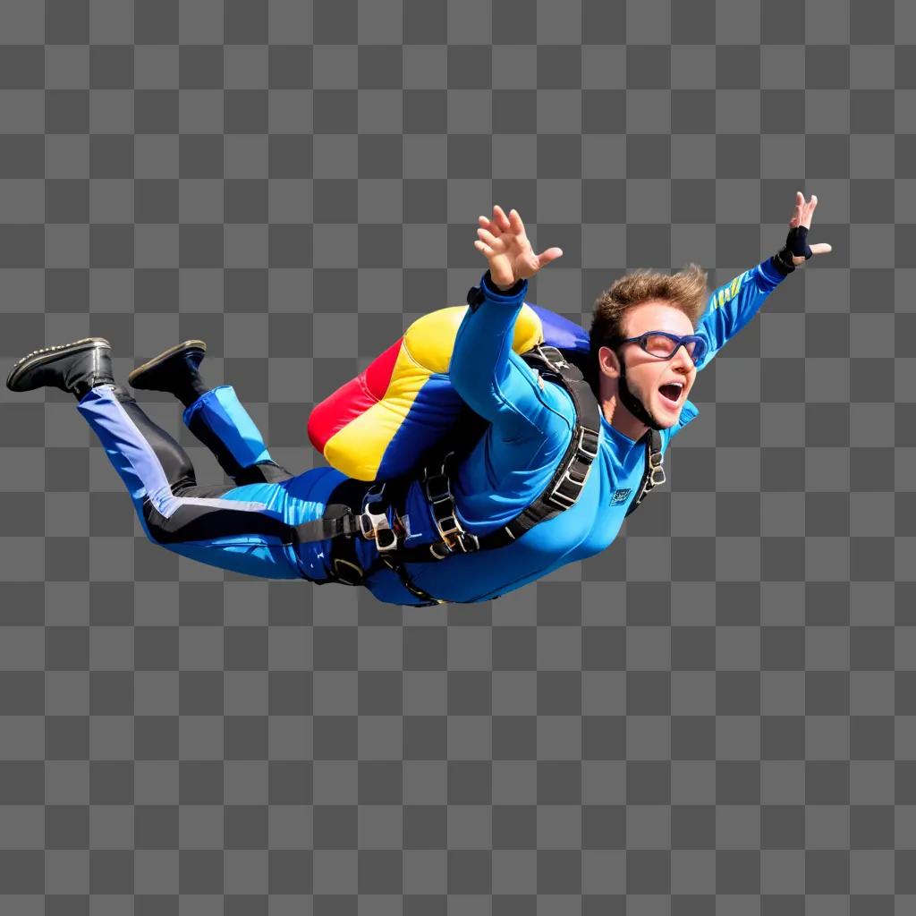 Man in blue jumpsuit skydives with a colorful backpack