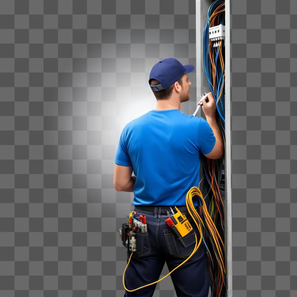 Man in blue shirt and hat working on electrical system