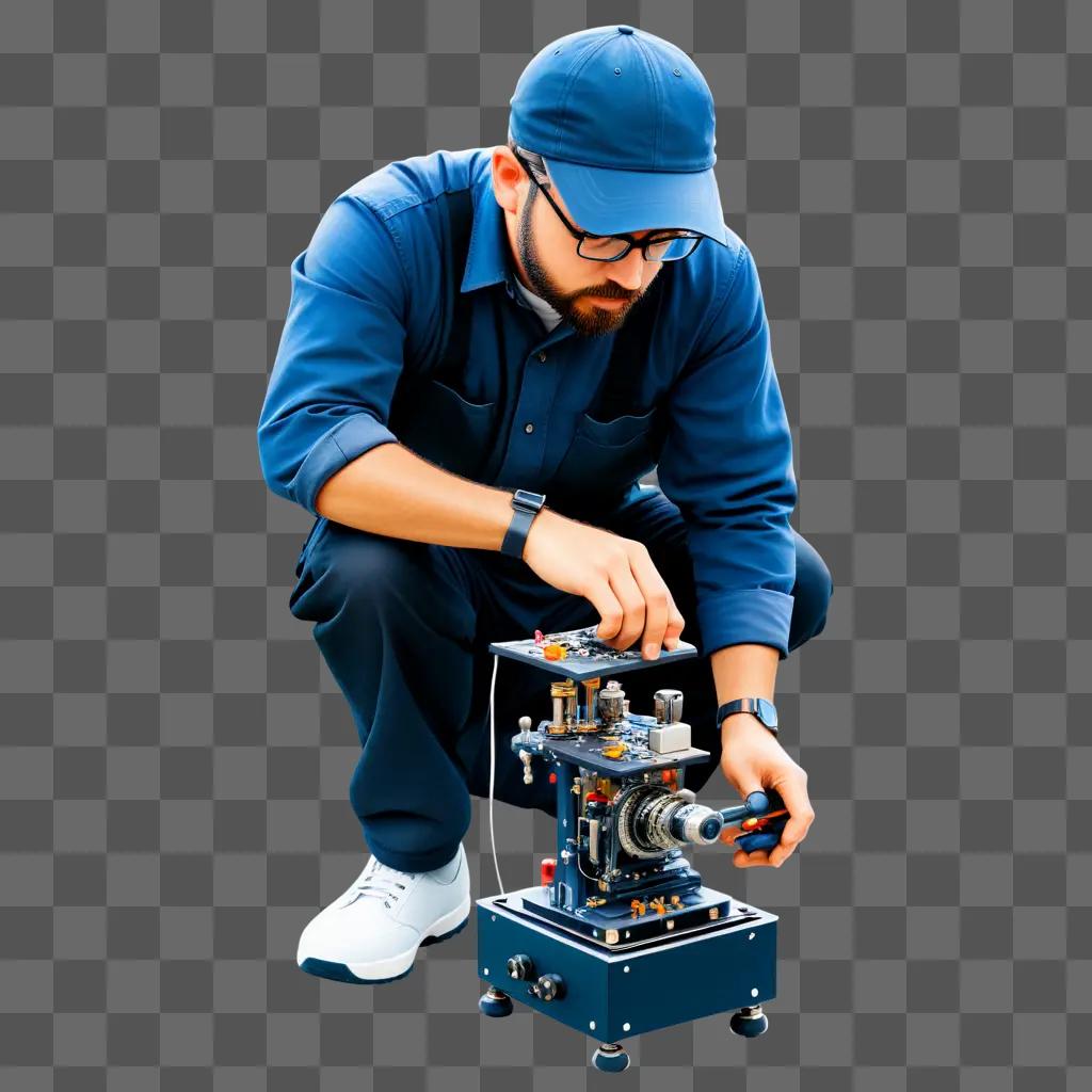 Man in blue shirt fixing a machine