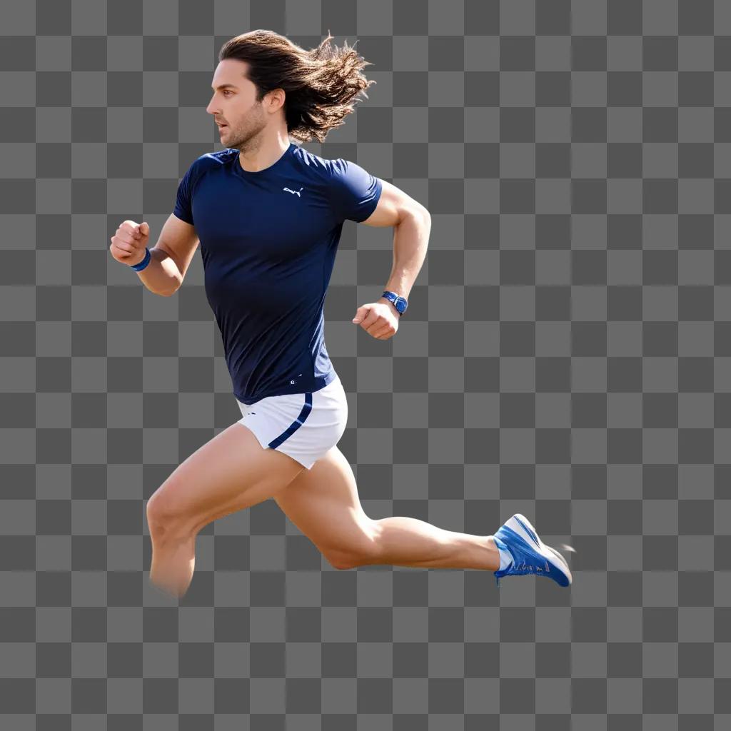 Man in blue shirt running freely