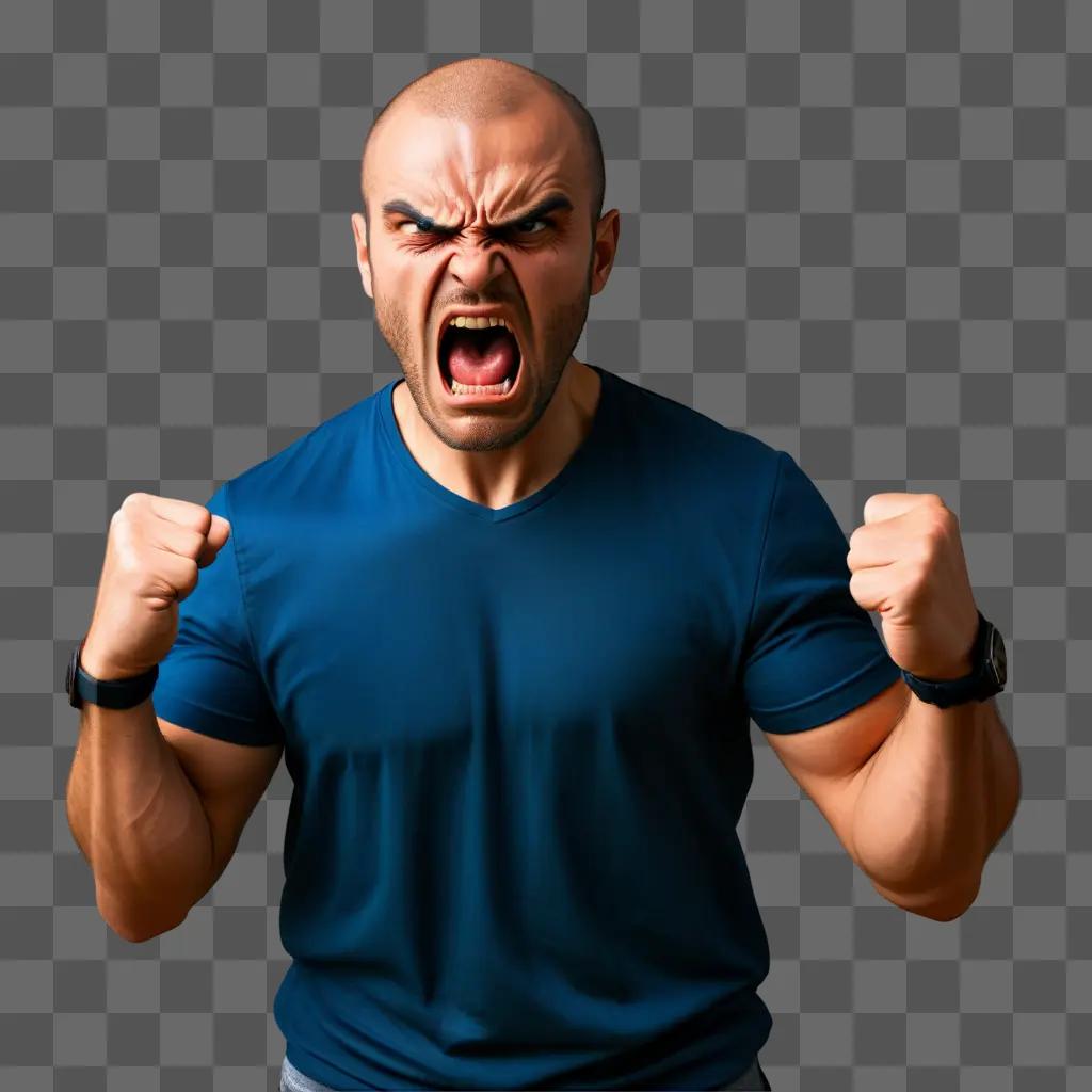 Man in blue shirt screaming