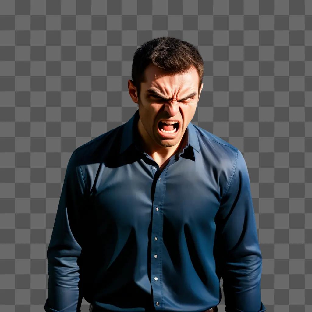 Man in blue shirt with mouth open and angry facial expression