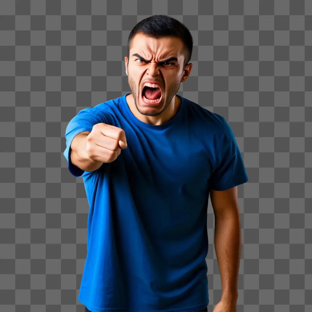 Man in blue shirt yelling and pointing finger