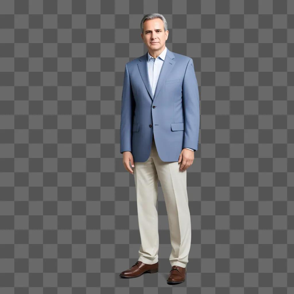 Man in blue suit poses for photo