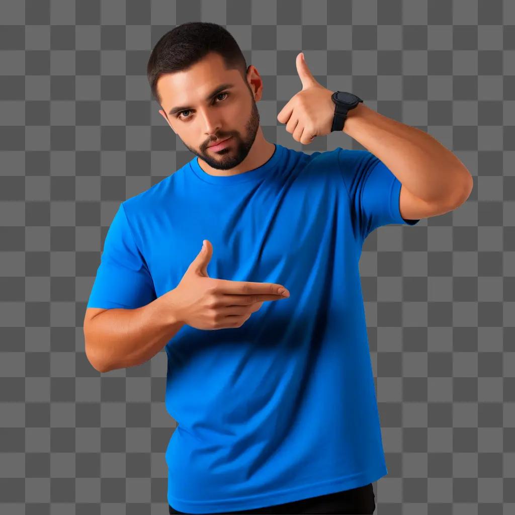 Man in blue t-shirt giving thumbs up