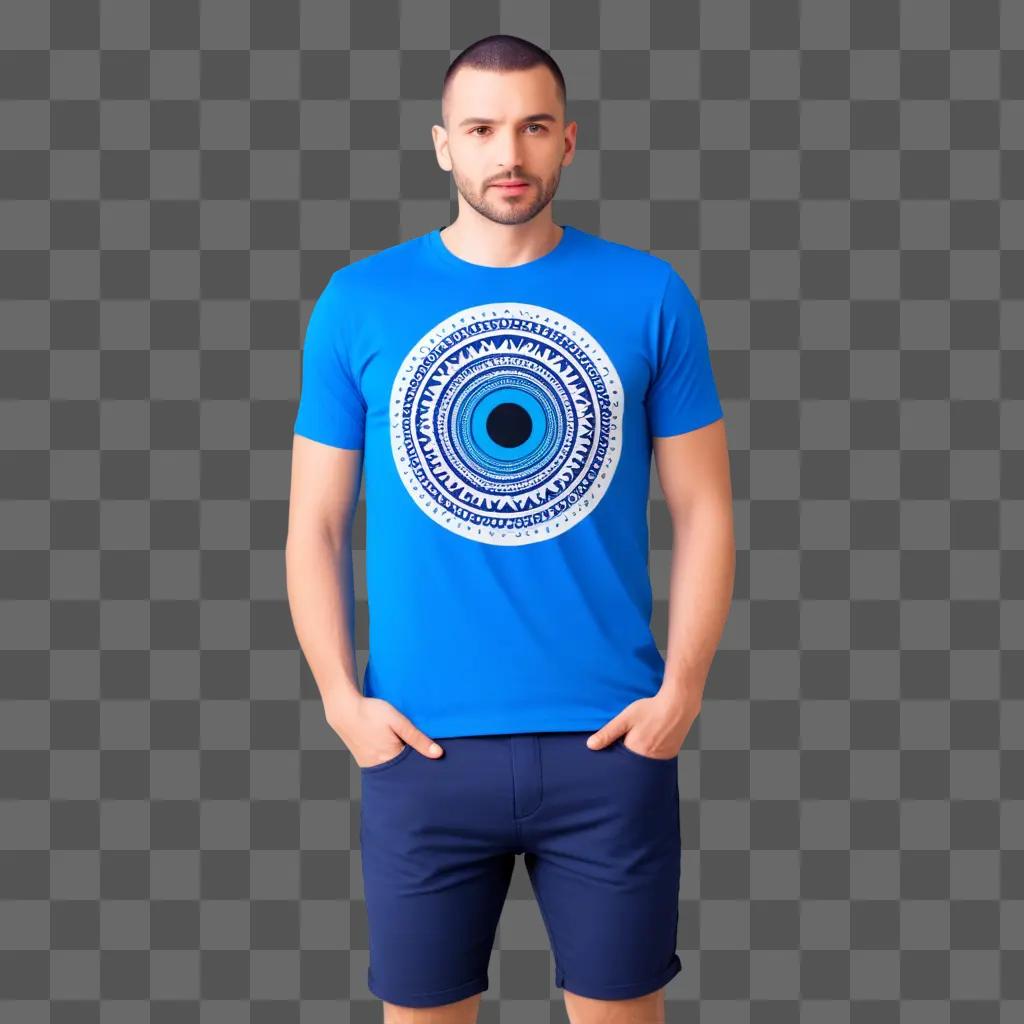 Man in blue t shirt with round design