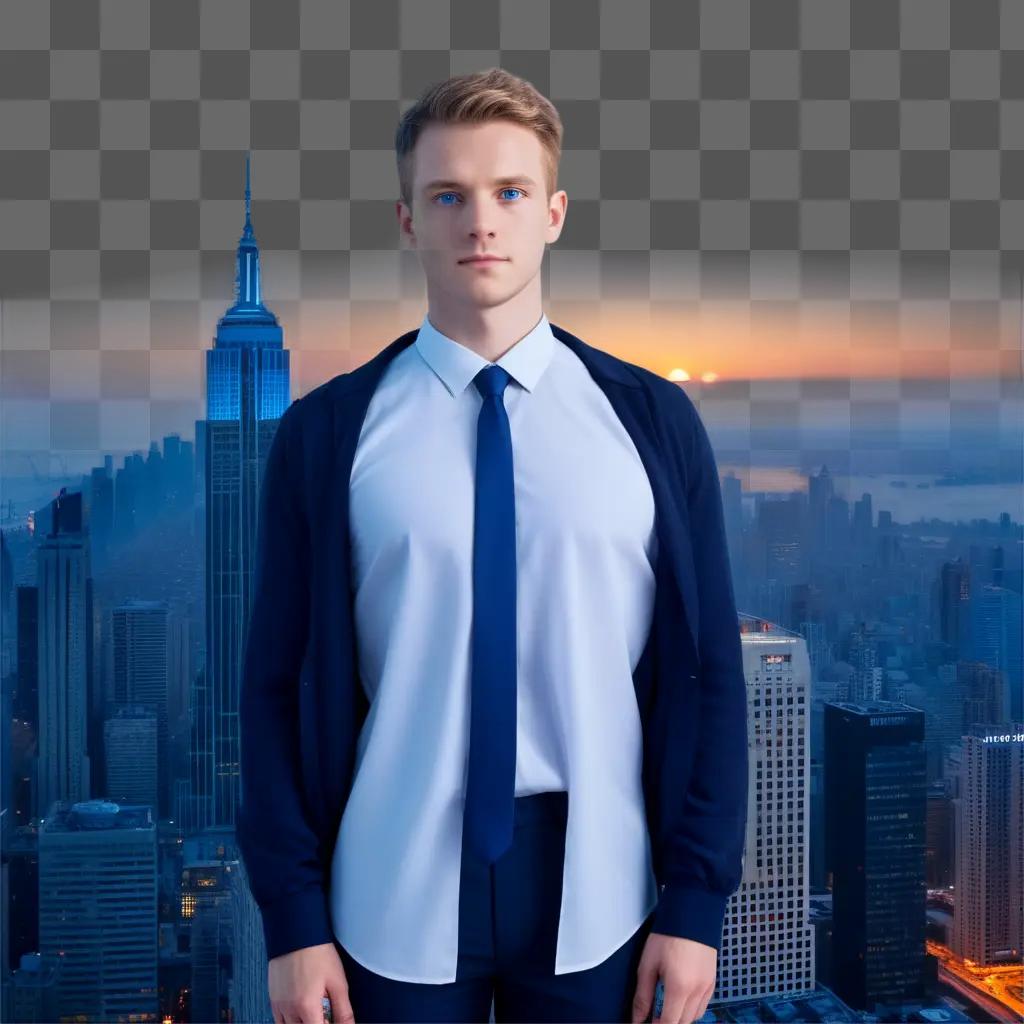 Man in blue tie in city skyline with translarent effect