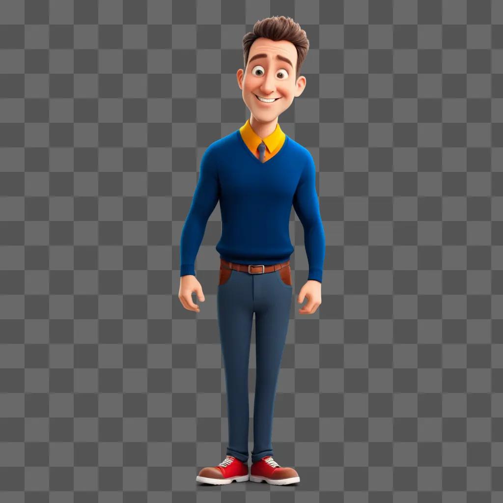 Man in cartoon stands smiling in blue shirt