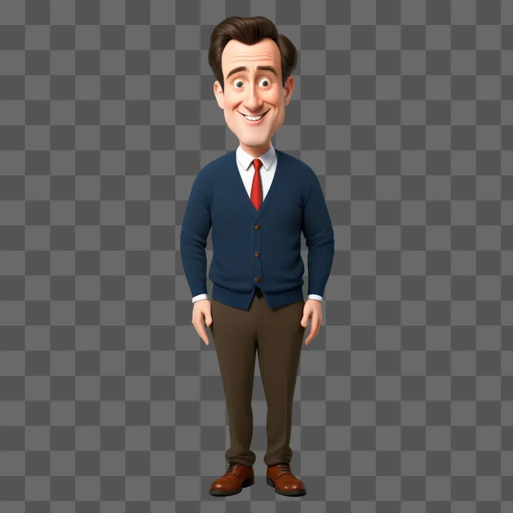 Man in cartoon wearing blue sweater and red tie