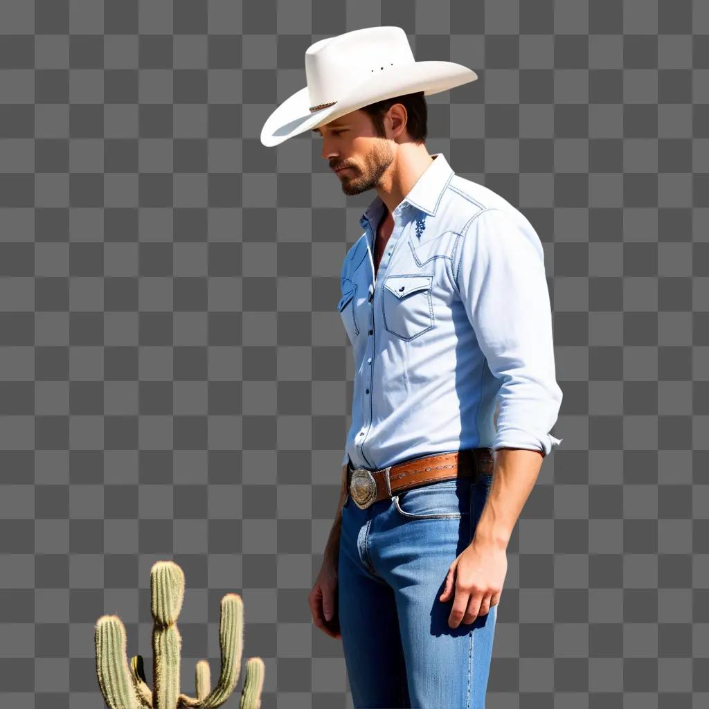 Man in cowboy hat stands near cactus