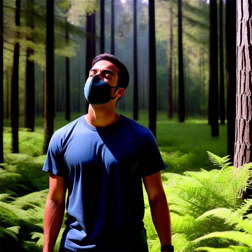 Man in forest wearing a mask and inhaling