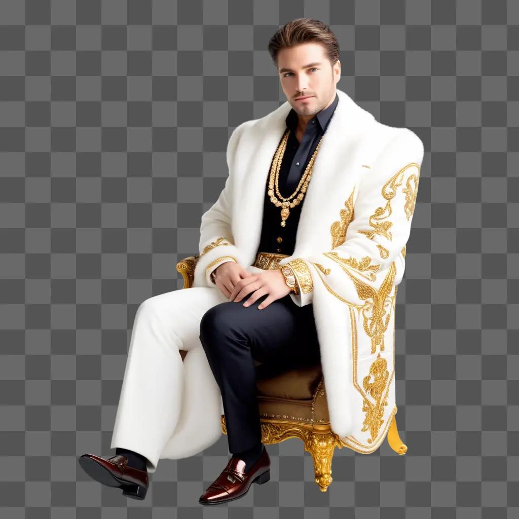 Man in gold and white robe sits on gold chair