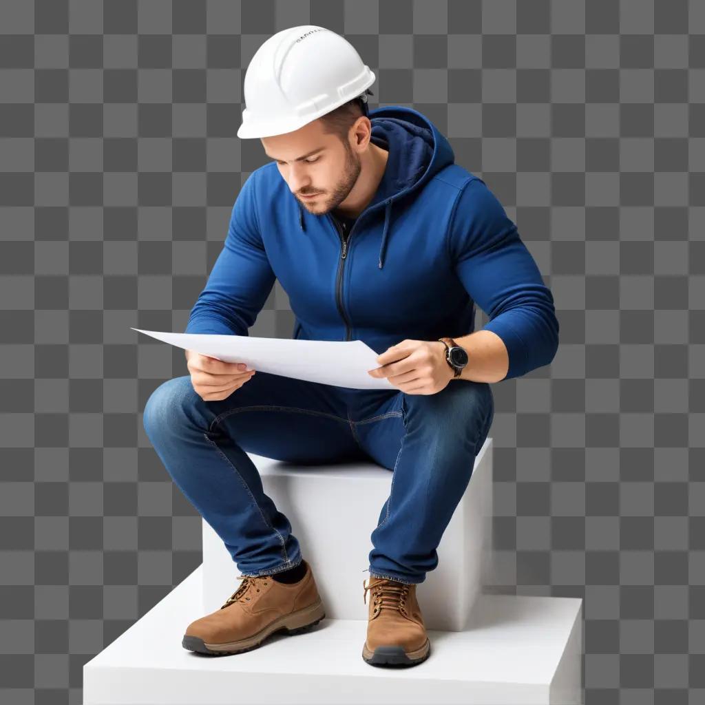 Man in hard hat and blue jacket working hard