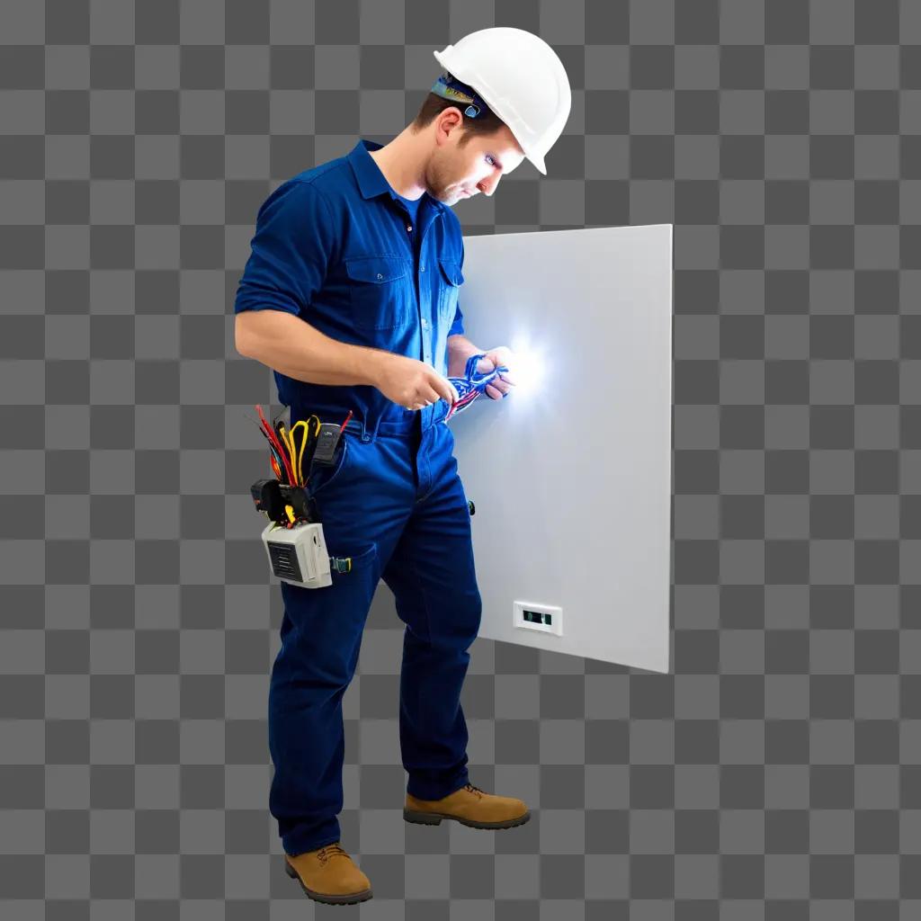 Man in hard hat and blue overalls with a light on