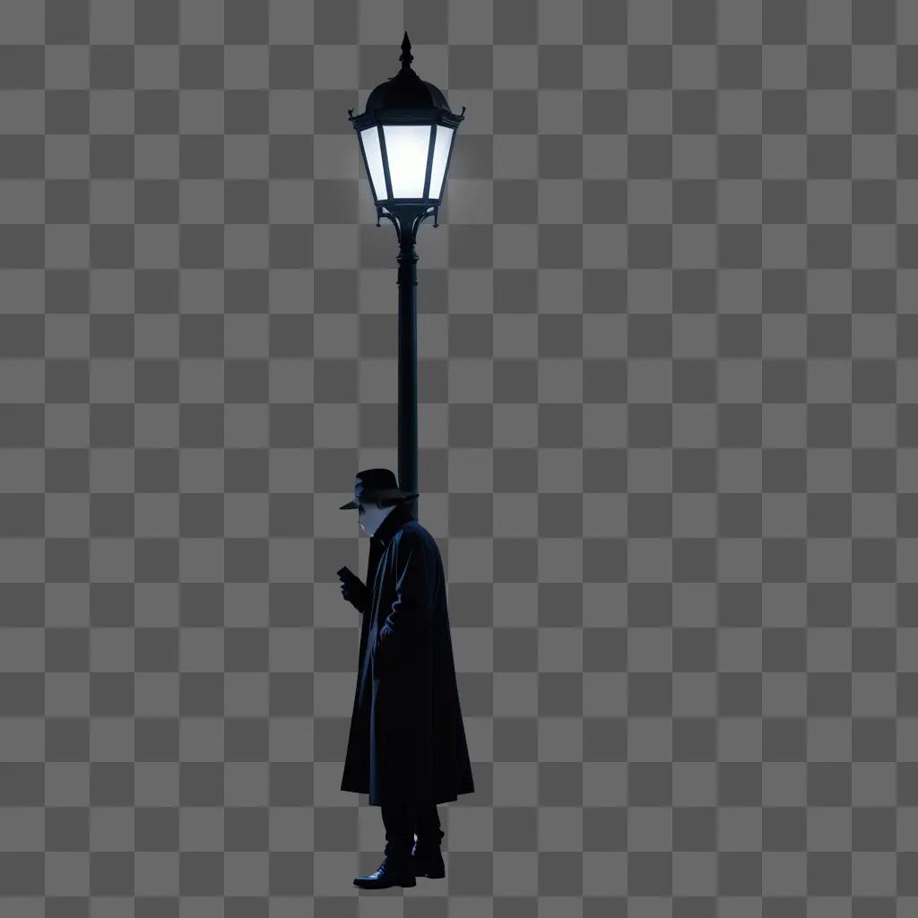 Man in long coat standing under a light pole in the dark