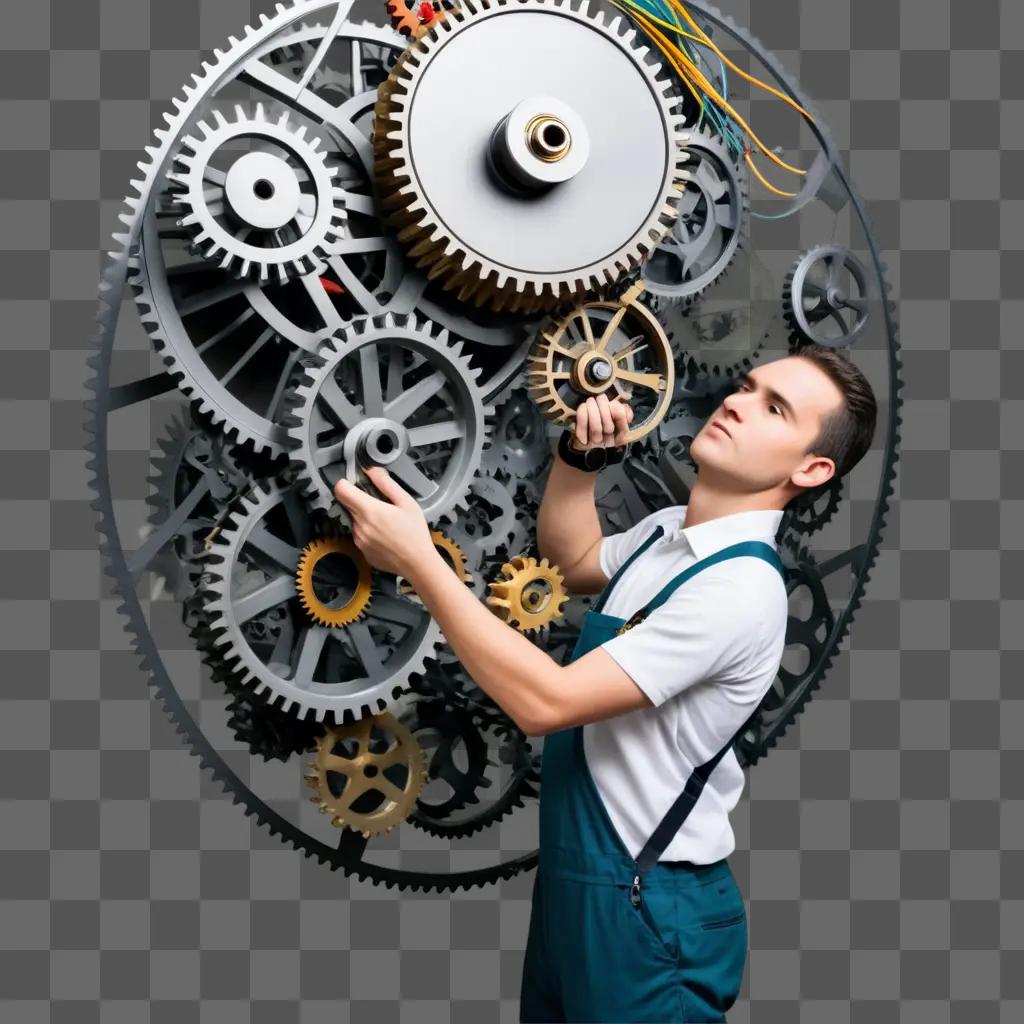 Man in overalls fixing gears on machine