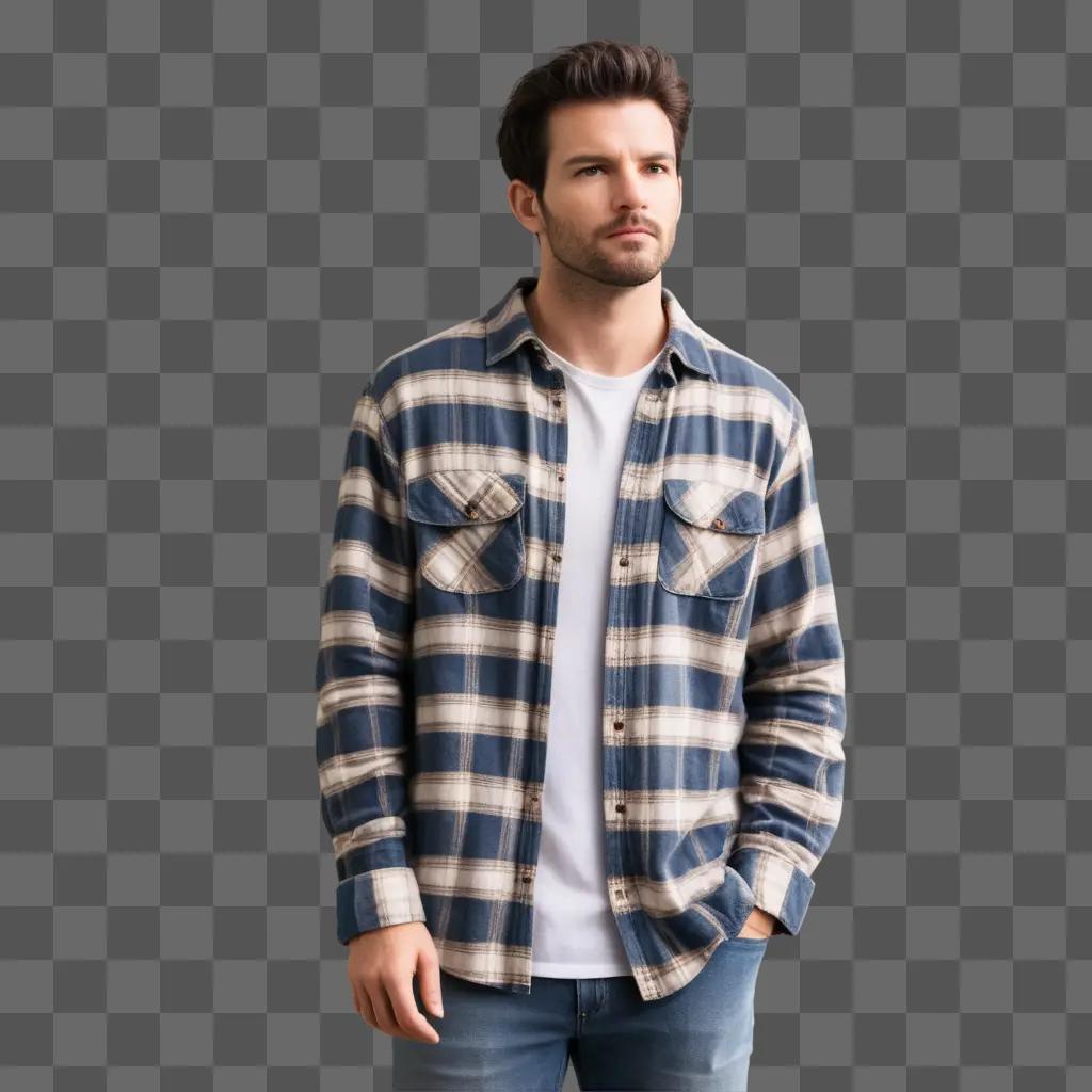 Man in plaid flannel shirt against gray background