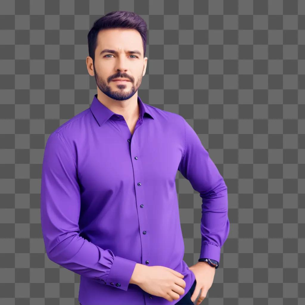 Man in purple shirt poses for a picture