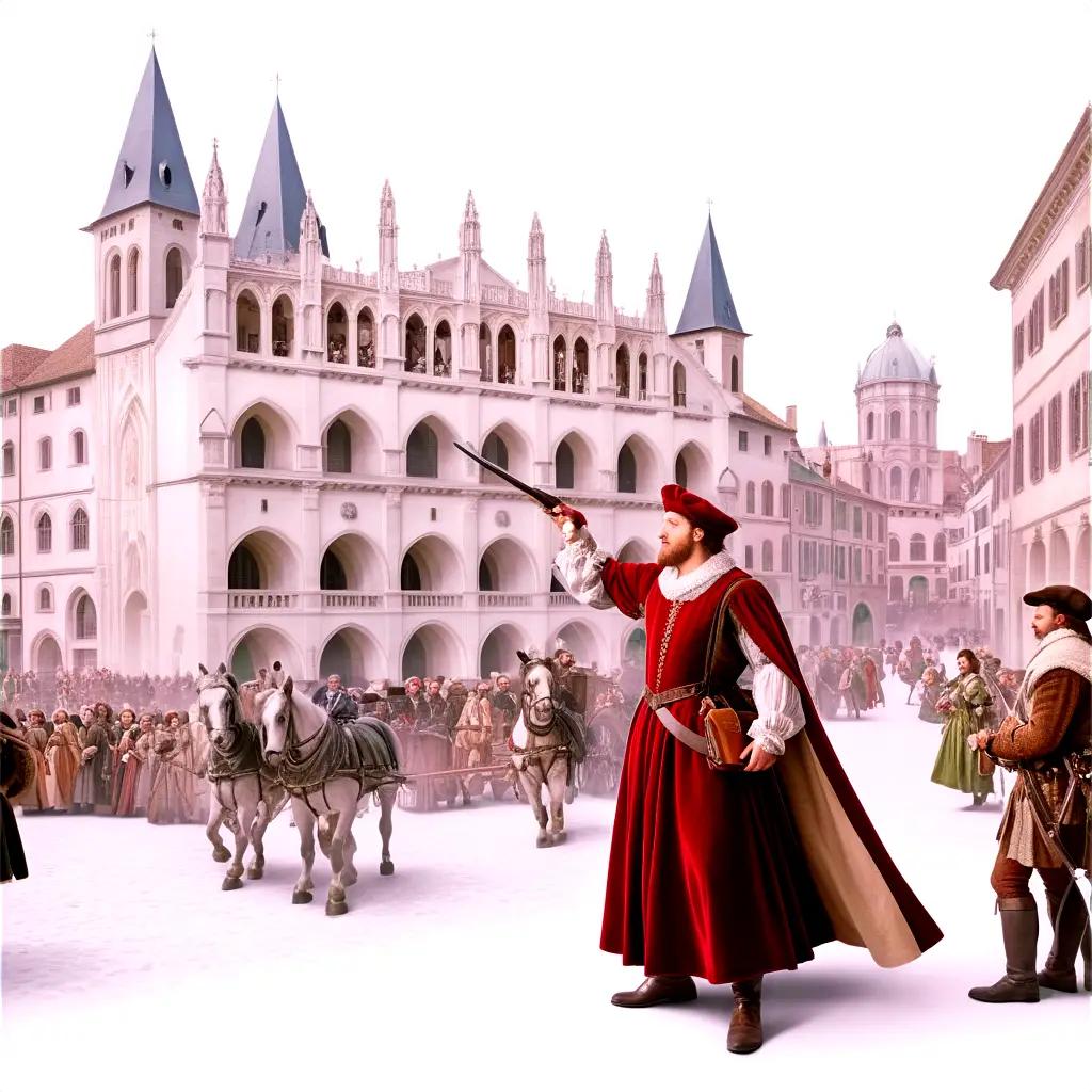 Man in red robe, medieval city and horse