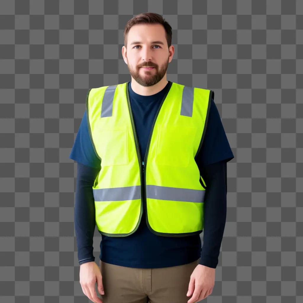 Man in safety vest stands in front of green wall