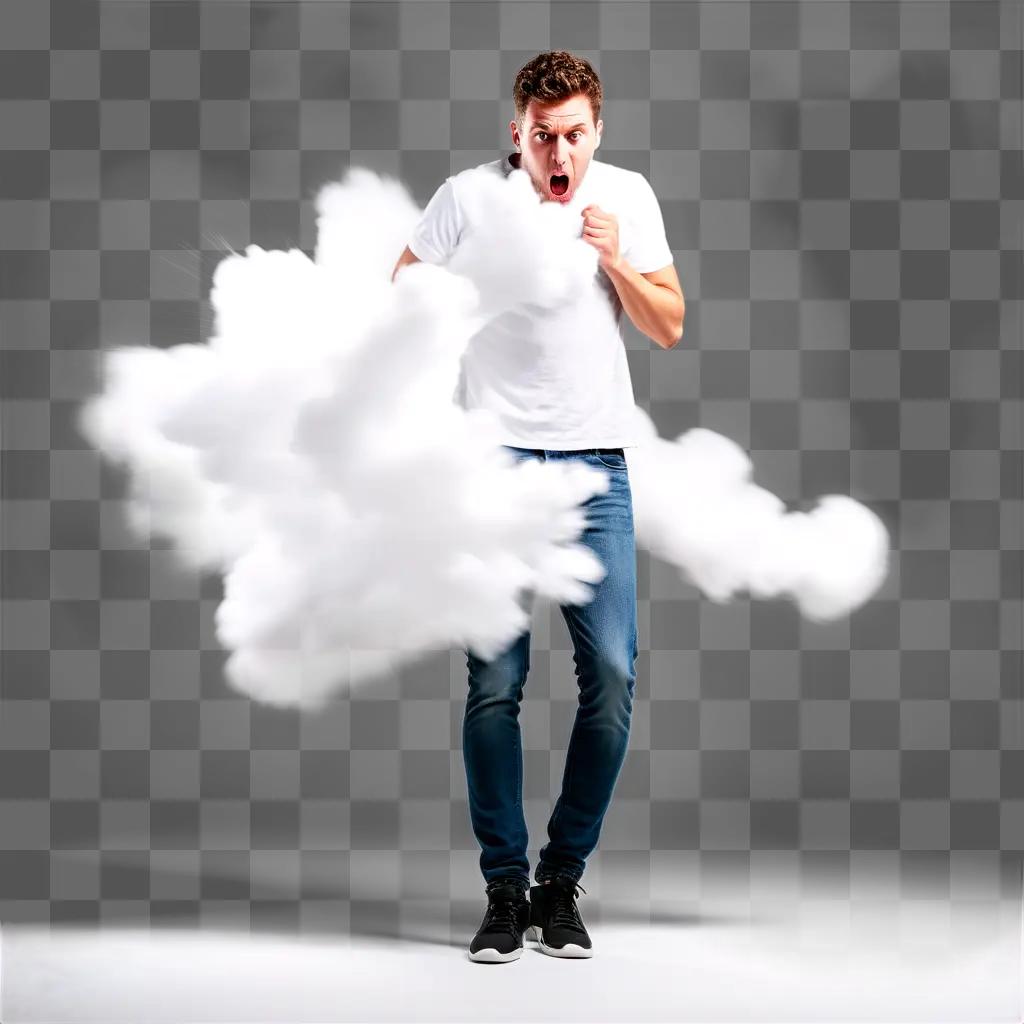 Man in shock with white clouds