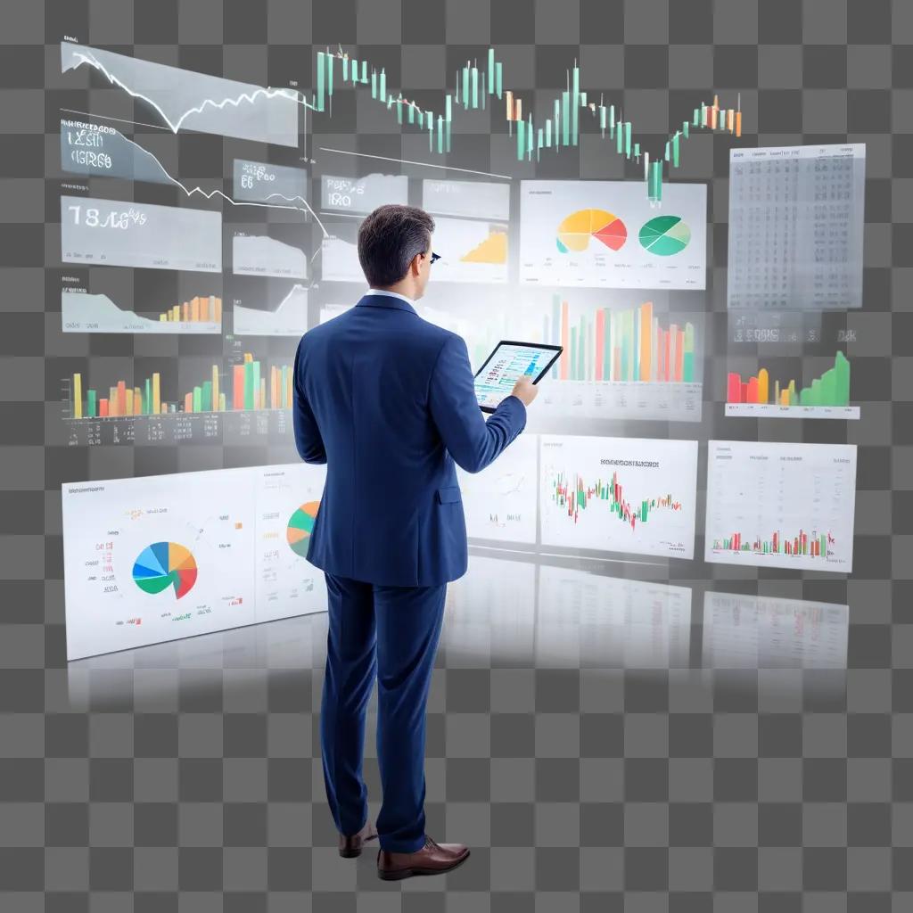 Man in suit looking at charts while holding tablet