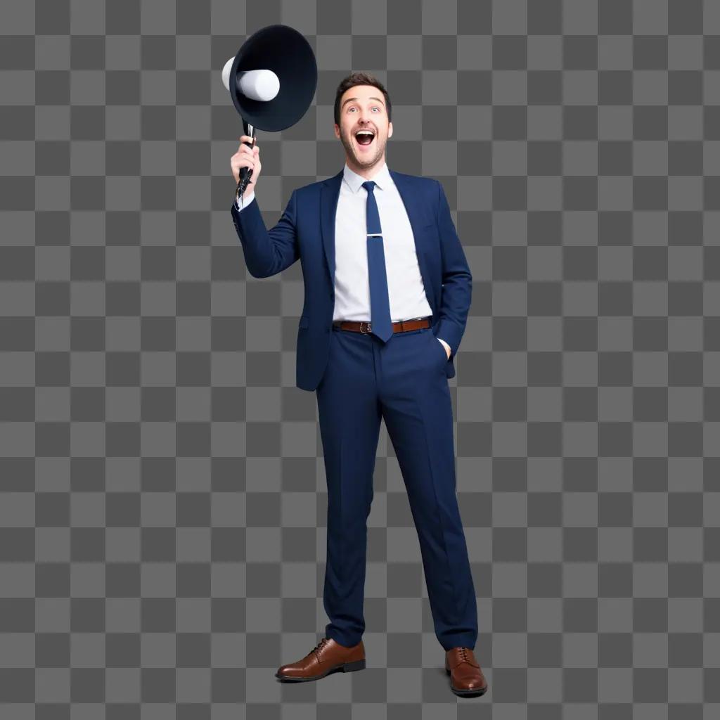 Man in suit makes funny face with loudspeaker