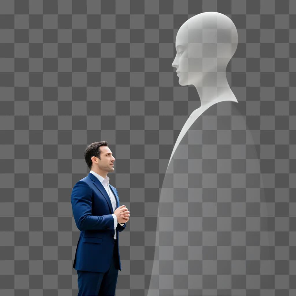 Man in suit standing in front of a white figure with respect