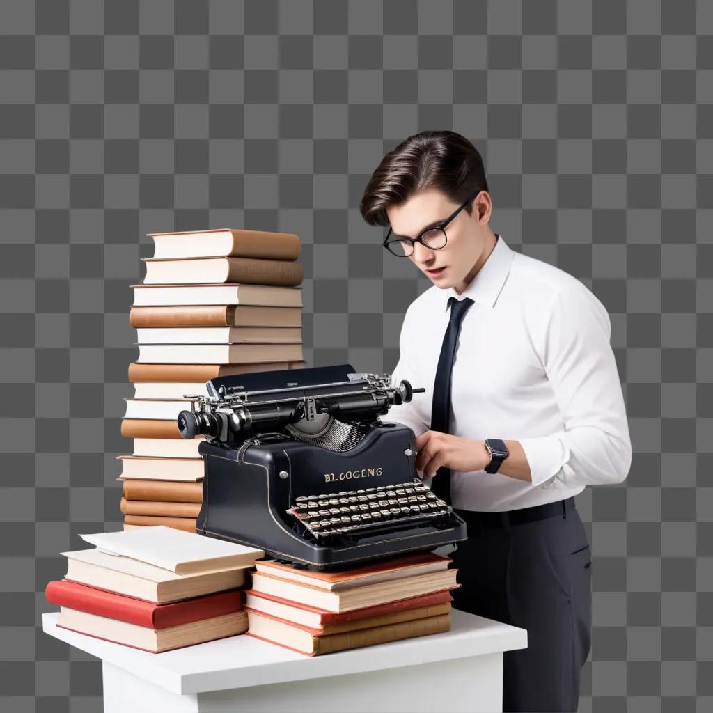 Man in tie uses vintage typewriter while looking at stacks of books