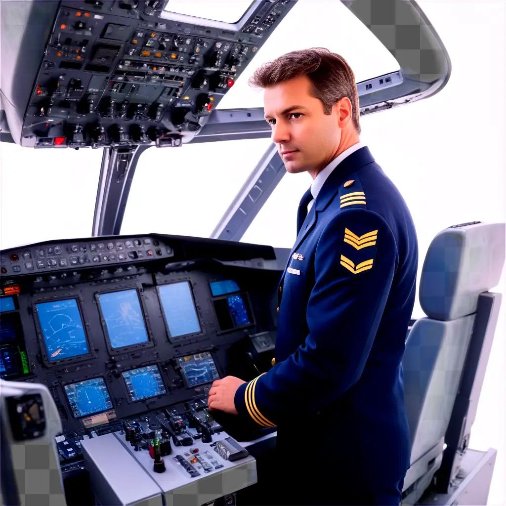 Man in uniform operating airplane cockpit