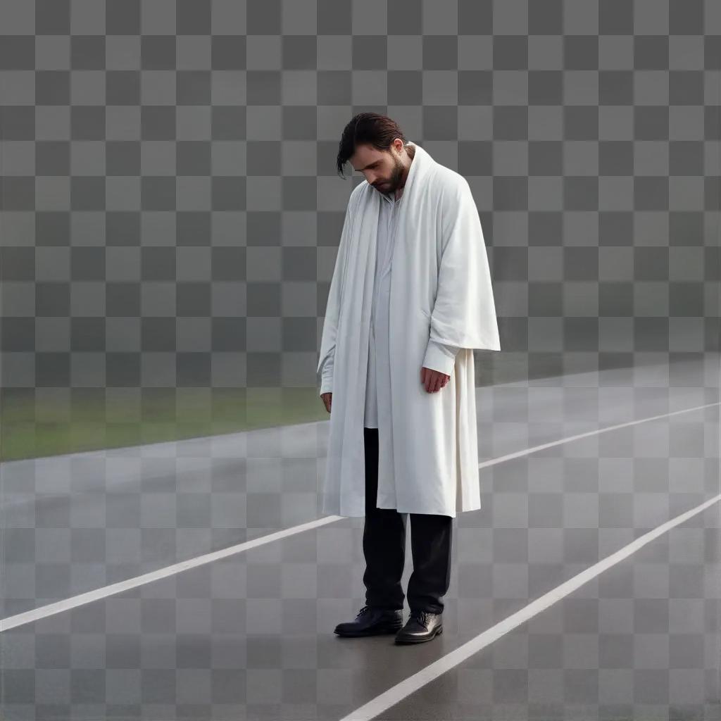 Man in white coat standing on a road