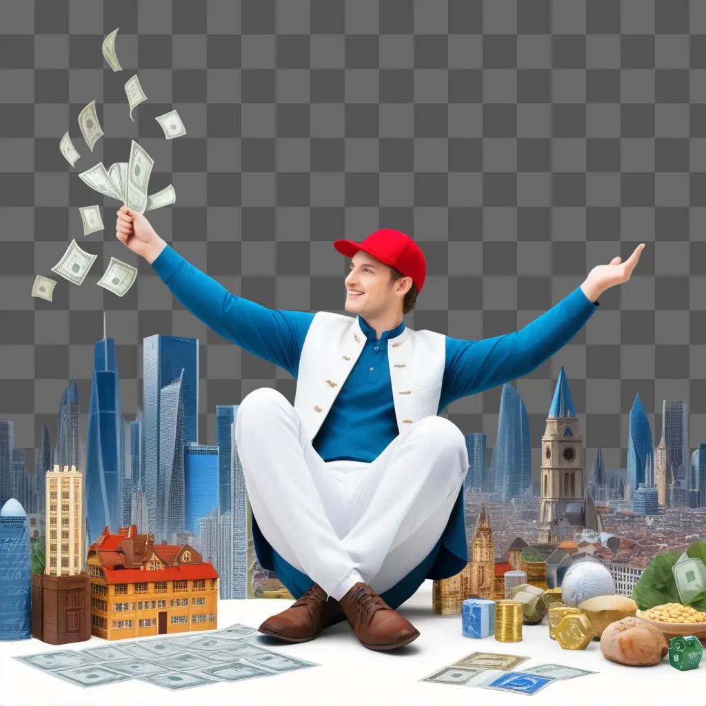 Man in white jacket, holding money, in a successful scenario