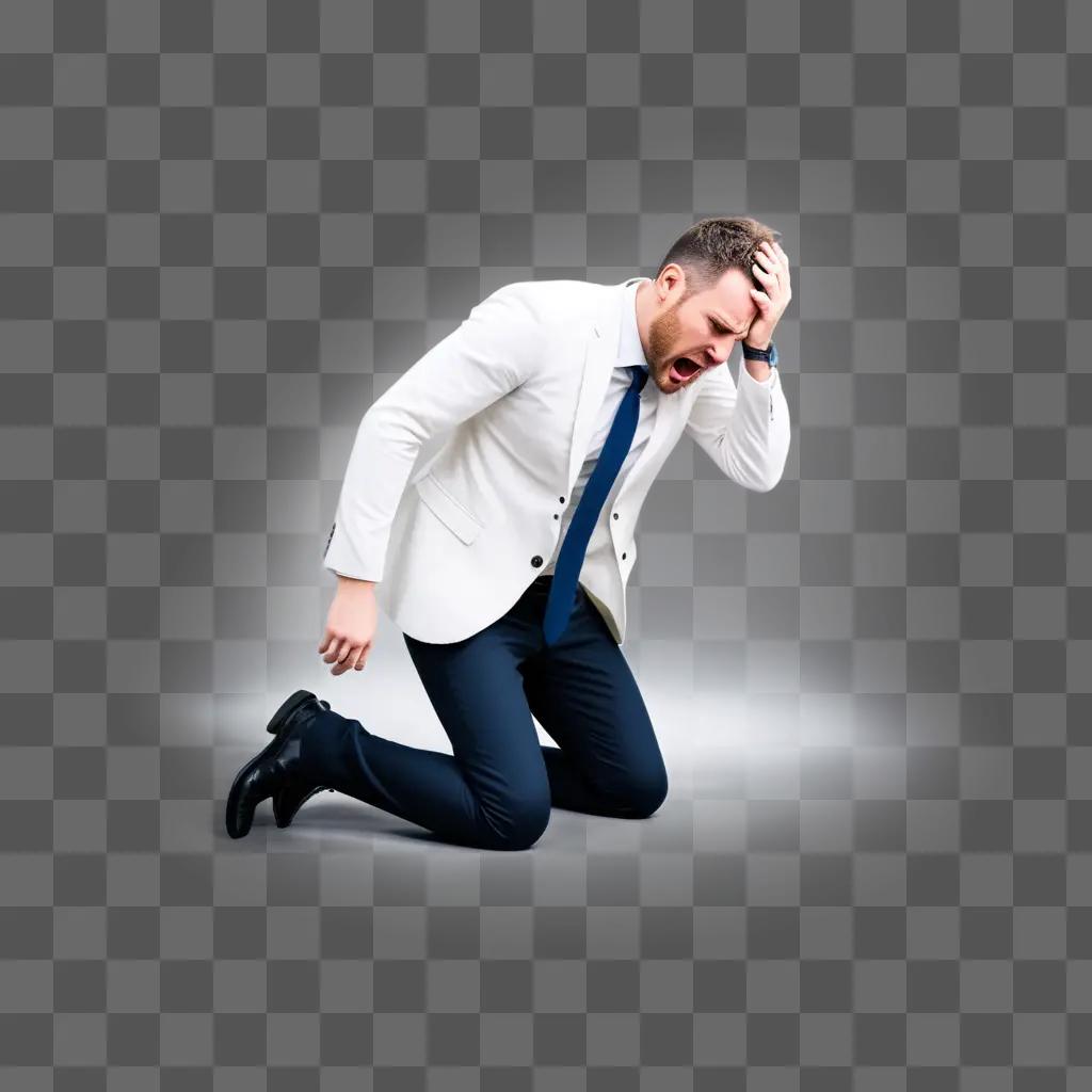 Man in white jacket and tie kneeling in distress