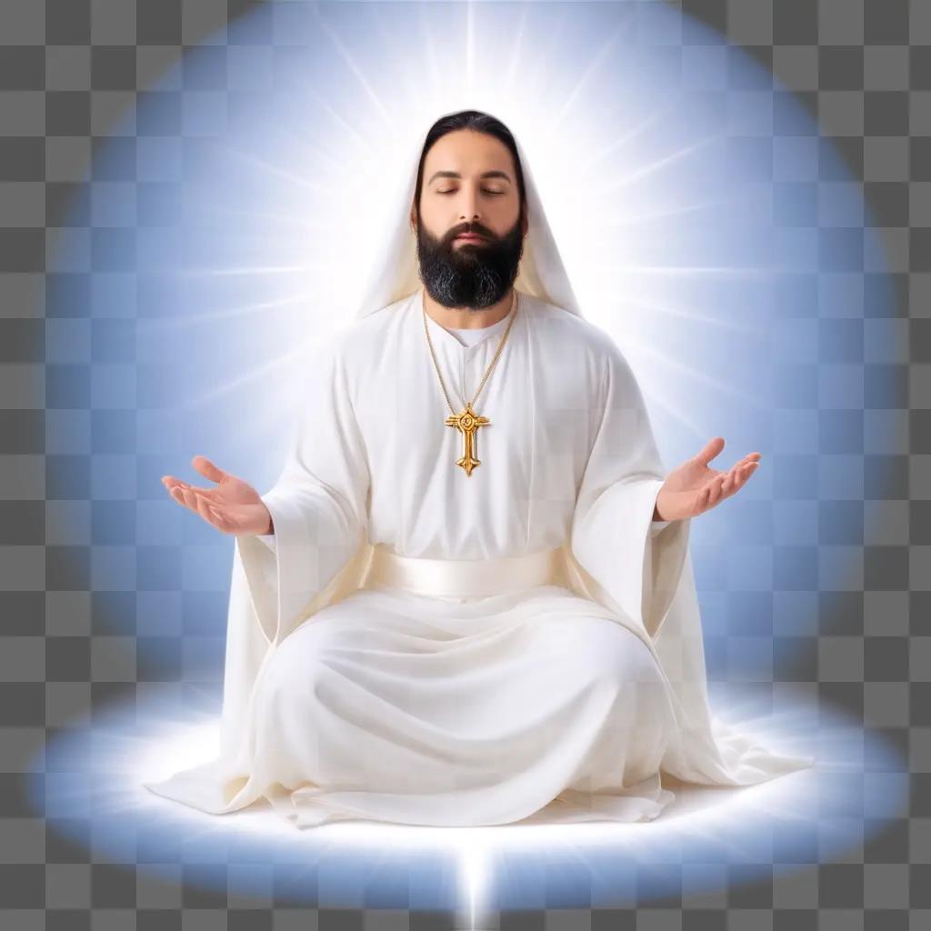 Man in white meditating in a radiant circle