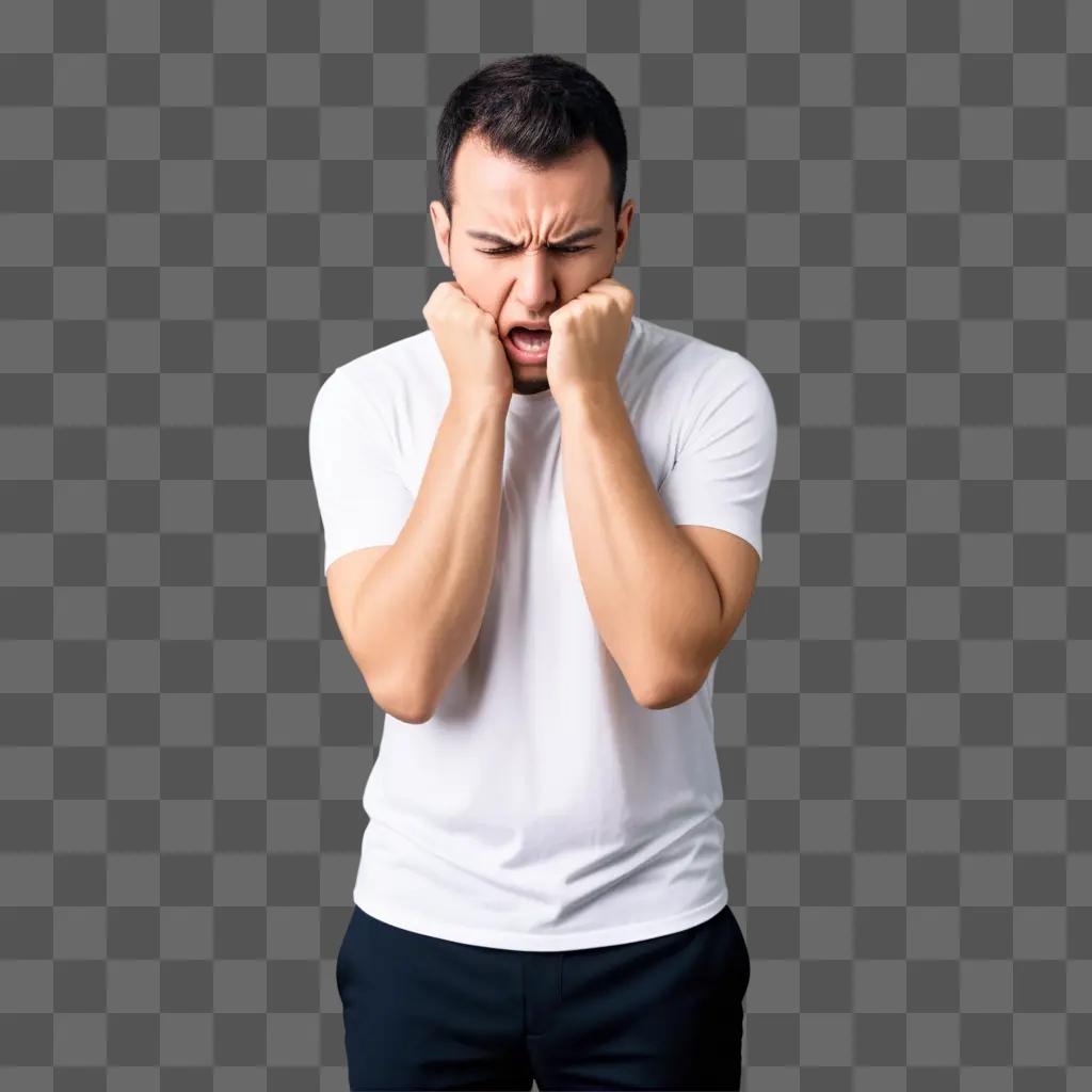 Man in white shirt, holding his hands to his face in a stressful pose