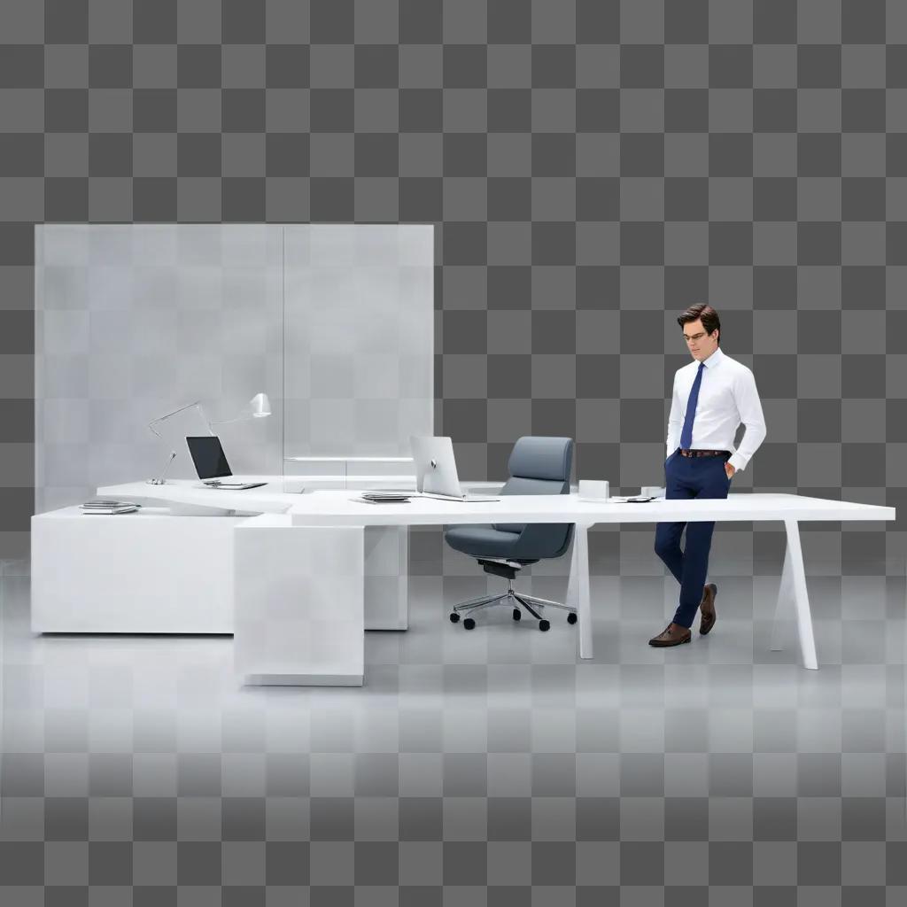 Man in white shirt and tie at white desk