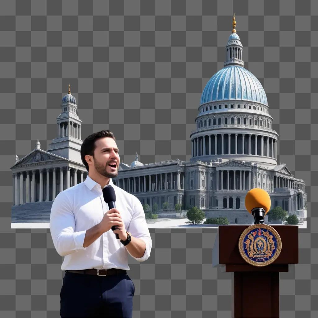 Man in white shirt on podium near Capitol building