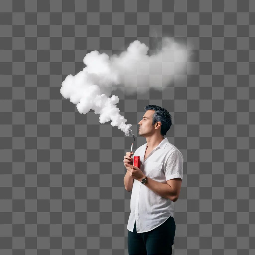 Man in white shirt smoking cigarette with smoke coming out